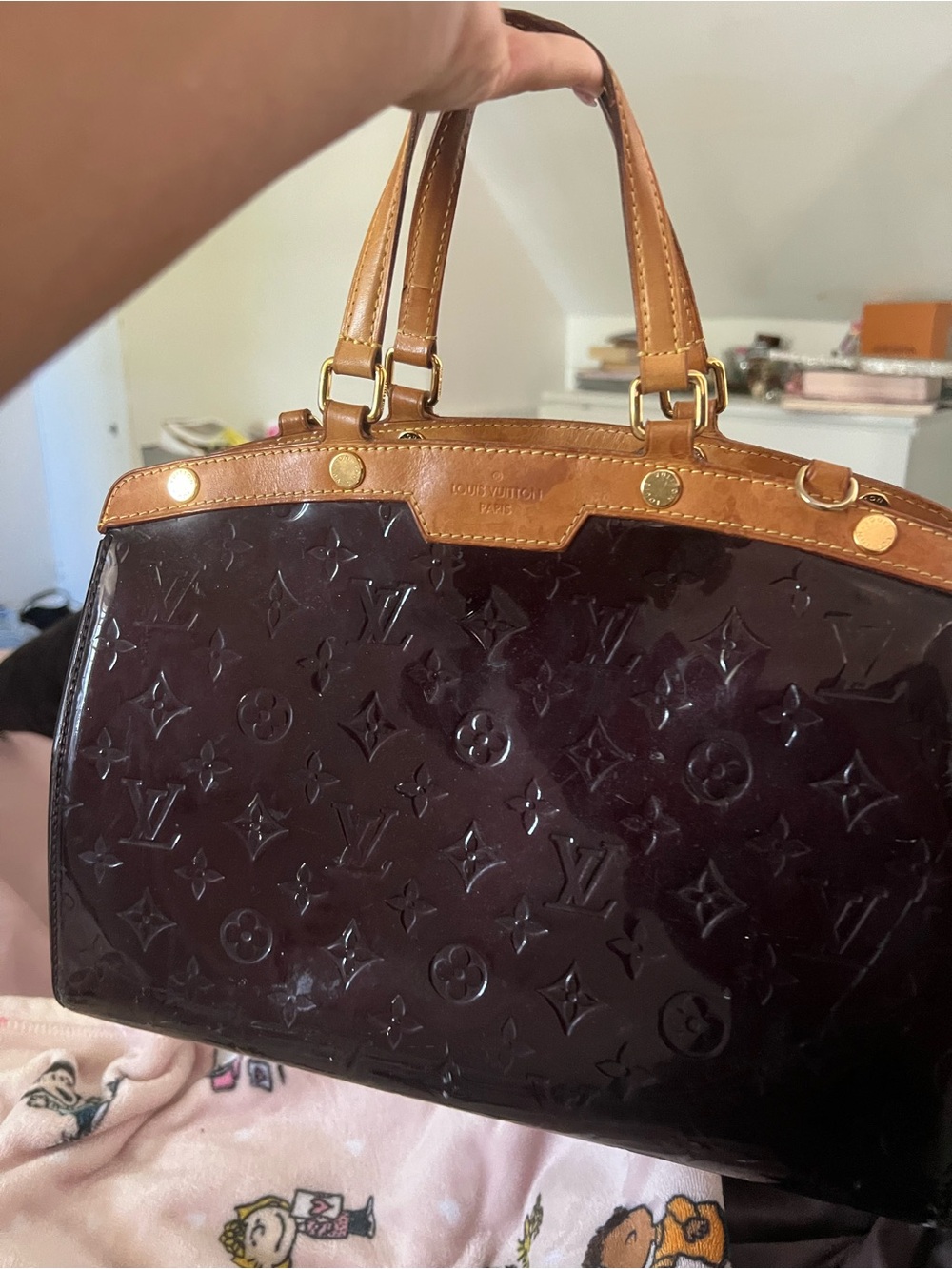 Louis Vuitton Vernis Deep Plum Satchel with Natural Leather Trim